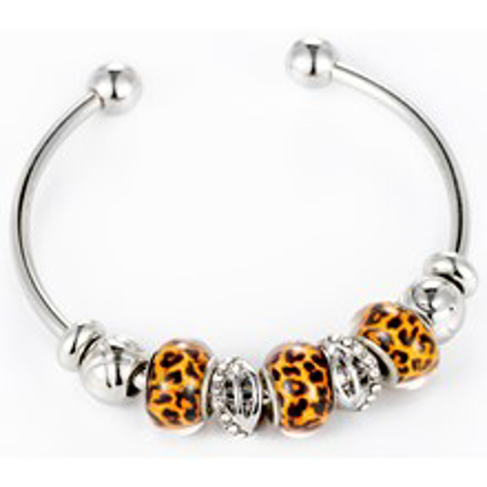 Picture of Bead & Crystal Open Bangle - Silver & Leopard