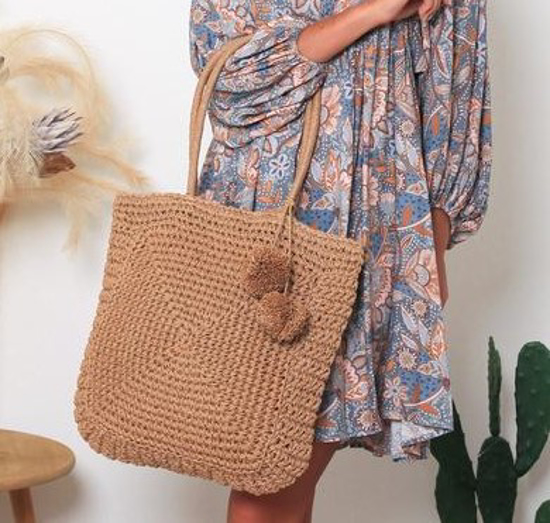 Picture of ISABELLA LARGE BAG TAN WITH POM POMS